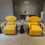 Beige Tufted Leather Sofa Collection with Yellow Velvet Accent Chairs & Stainless Steel Frames